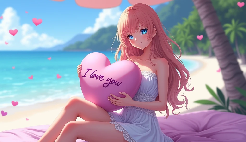 (best quality, ultra-detailed, photorealistic: 1.39), bright and vibrant colors, studio lighting, romantic expression, An effeminate girl, with a delicate and beautiful face. She is a girl who reflects seductive beauty, sparkling eyes, A beautiful adult woman with mango-colored hair, with her large breasts seduces, wearing a strapless white dress, with a lace belt at the waist, with her blue eyes that matches her soft smile, in a beautiful pose demonstrating her seduction on a beach beautiful as a background, with several little purple hearts in the background, she is in love, She holds a heart-shaped pillow with the message I love you, anime style, Anime Bishoujo