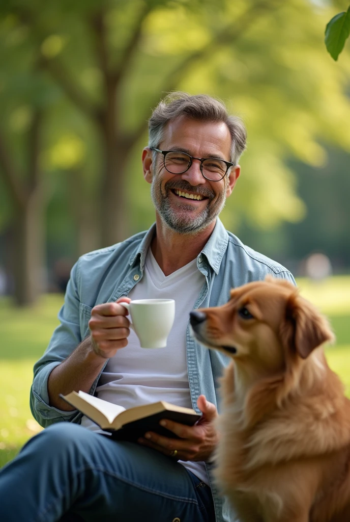 A candid photograph of a man sitting outside in a park, enjoying a simple moment. He’s smiling warmly as he holds a cup of coffee in one hand, with the other hand resting on a book or gently petting a dog by his side. The man is casually dressed, relaxed, and surrounded by nature—trees, soft grass, and sunlight filtering through the leaves. His expression reflects genuine contentment, embracing the simplicity of the moment. The background is slightly blurred, focusing on the man and the small joys around him, capturing the essence of finding happiness in life's simple pleasures.