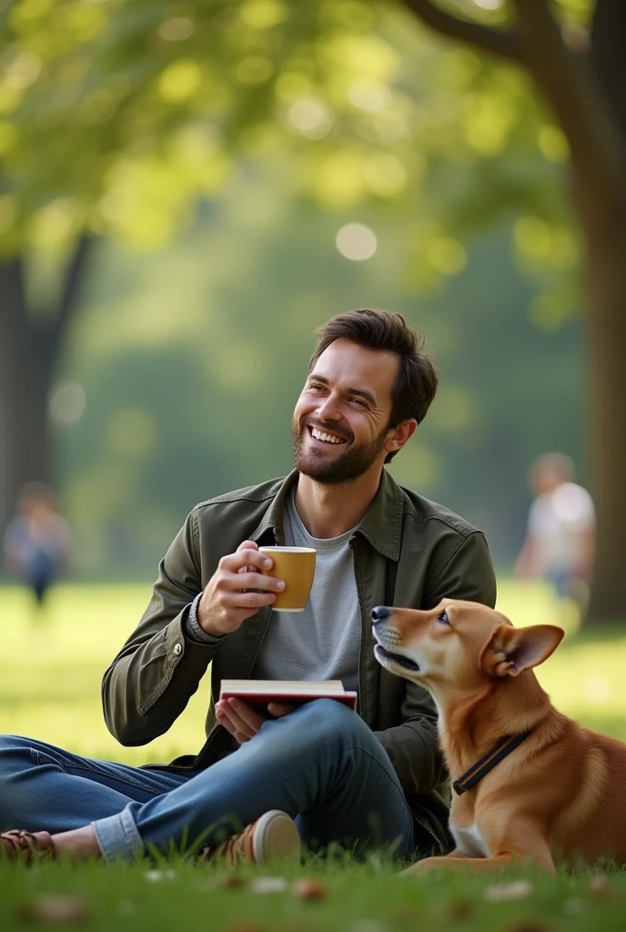A candid photograph of a man sitting outside in a park, enjoying a simple moment. He’s smiling warmly as he holds a cup of coffee in one hand, with the other hand resting on a book or gently petting a dog by his side. The man is casually dressed, relaxed, and surrounded by nature—trees, soft grass, and sunlight filtering through the leaves. His expression reflects genuine contentment, embracing the simplicity of the moment. The background is slightly blurred, focusing on the man and the small joys around him, capturing the essence of finding happiness in life's simple pleasures.