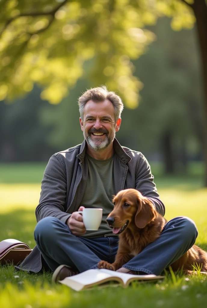 A candid photograph of a man sitting outside in a park, enjoying a simple moment. He’s smiling warmly as he holds a cup of coffee in one hand, with the other hand resting on a book or gently petting a dog by his side. The man is casually dressed, relaxed, and surrounded by nature—trees, soft grass, and sunlight filtering through the leaves. His expression reflects genuine contentment, embracing the simplicity of the moment. The background is slightly blurred, focusing on the man and the small joys around him, capturing the essence of finding happiness in life's simple pleasures.
