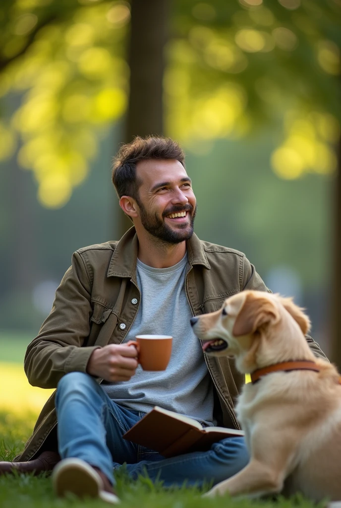 A candid photograph of a man sitting outside in a park, enjoying a simple moment. He’s smiling warmly as he holds a cup of coffee in one hand, with the other hand resting on a book or gently petting a dog by his side. The man is casually dressed, relaxed, and surrounded by nature—trees, soft grass, and sunlight filtering through the leaves. His expression reflects genuine contentment, embracing the simplicity of the moment. The background is slightly blurred, focusing on the man and the small joys around him, capturing the essence of finding happiness in life's simple pleasures.