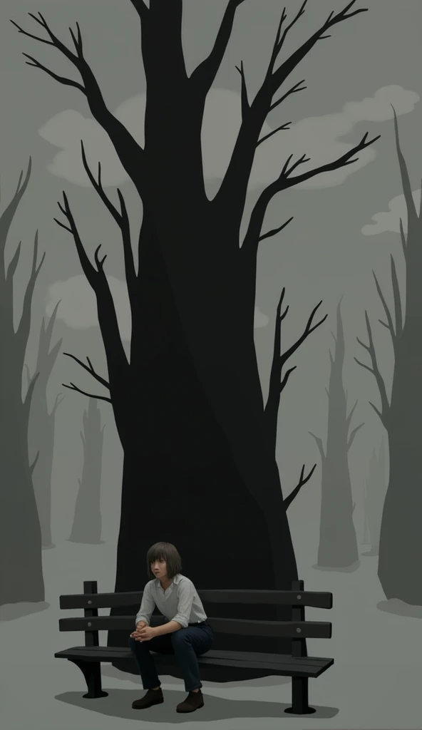 A minimalist image in shades of gray, showing a person sitting alone on an empty park bench, seen from the side, slightly bent forward, with elbows resting on knees and hands clasped, conveying introspection and melancholy. In the background, trees with few leaves, dark and slightly out of focus, create a feeling of emptiness and solitude. The overcast sky, with heavy clouds, without rain, represents silent sadness and longing. Soft lighting highlights subtle shadows, accentuating the loneliness of the moment.
