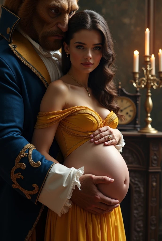 A stunning portrait of Belle from beauty and the beast, The beast is holding her, She is pregnant, holding her belly, location is Gothic Castle, young and beautiful, hyper realistic, real portrait, backlit, exquisite features, cleavage, sexy, seductive, natural light, soft light, nine months pregnant, large belly, embodiment of love, bare belly, candlestick and mantle clock in the background
