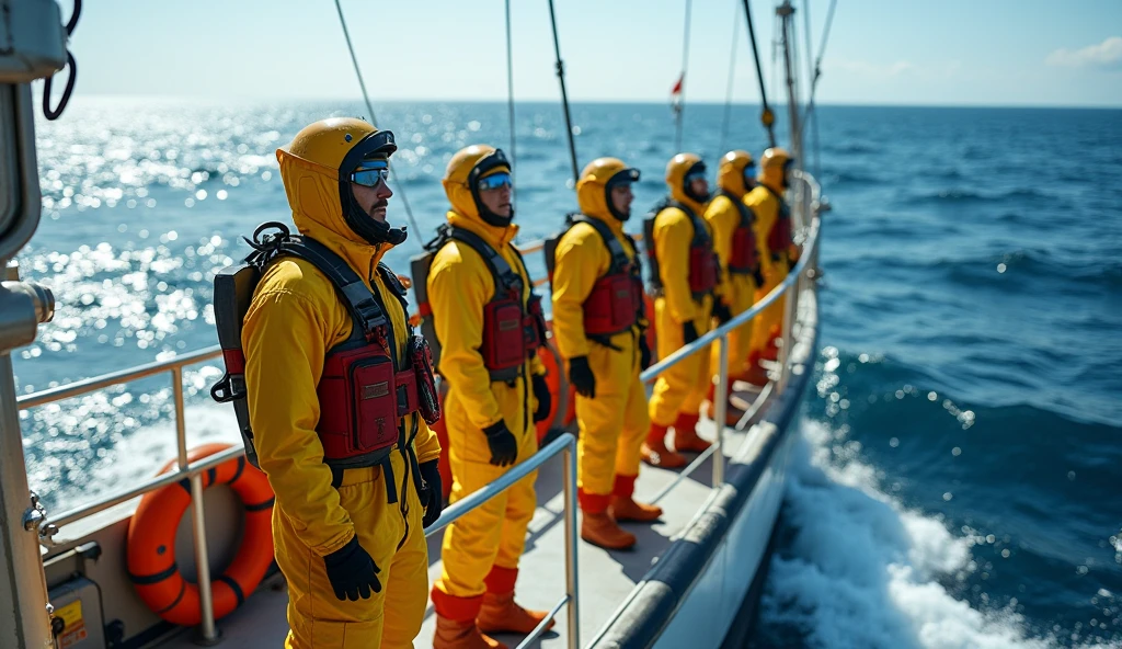 High-quality photograph of a team of sailors in yellow suits on the bow of a ship in the middle of the sea.