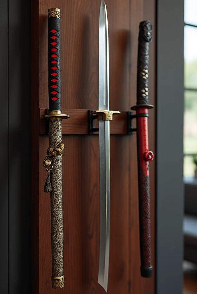 ((best quality)), ((masterpiece)), (detailed), A katana wall holder from the front which is made of wood which lifts 2 katana without a case, one katana is red black the other gold black the holder has tow arms for one kartana the kartana have a shiny silver blade the cartana lay on the arms