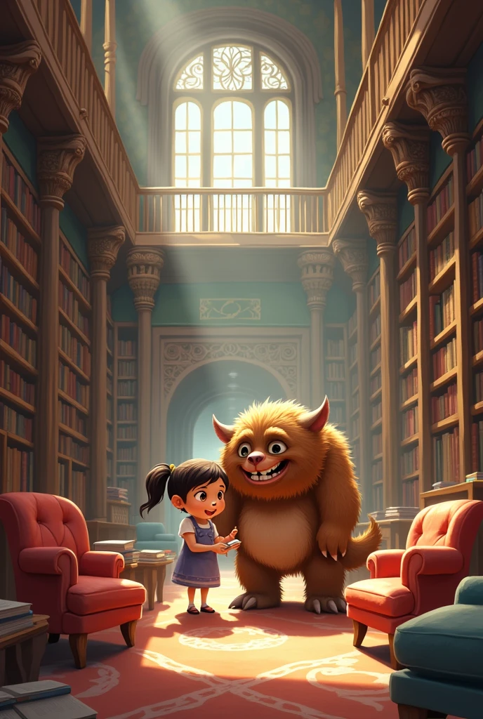 Create an image for story books
Together, they embarked on fun adventures, from reading stories to exploring the neighborhood, proving that monsters could be friendly.
There is only girl who is friendly with moster Benny who looks like brown coular and big can you make their background is beautiful library