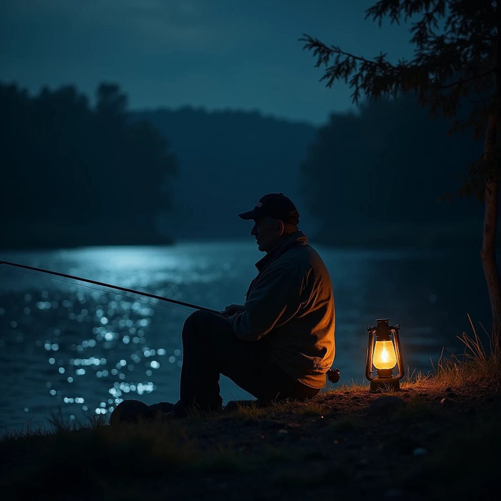 At night by the river, a angler lights a small lamp and waits quietly for the arrival of fish. Capture the tranquility of the night and the shimmer of the water surface through long exposure. Beautiful cinematic lighting, surreal, color graded, dynamic movement, captivating chiaroscuro, full body, award-winning, cinematic still, emotional, vignette, dynamic, vivid, (masterpiece, best quality, photorealistic, Professional, perfect composition, very aesthetic, absurdres, ultra-detailed, intricate details:1.3)