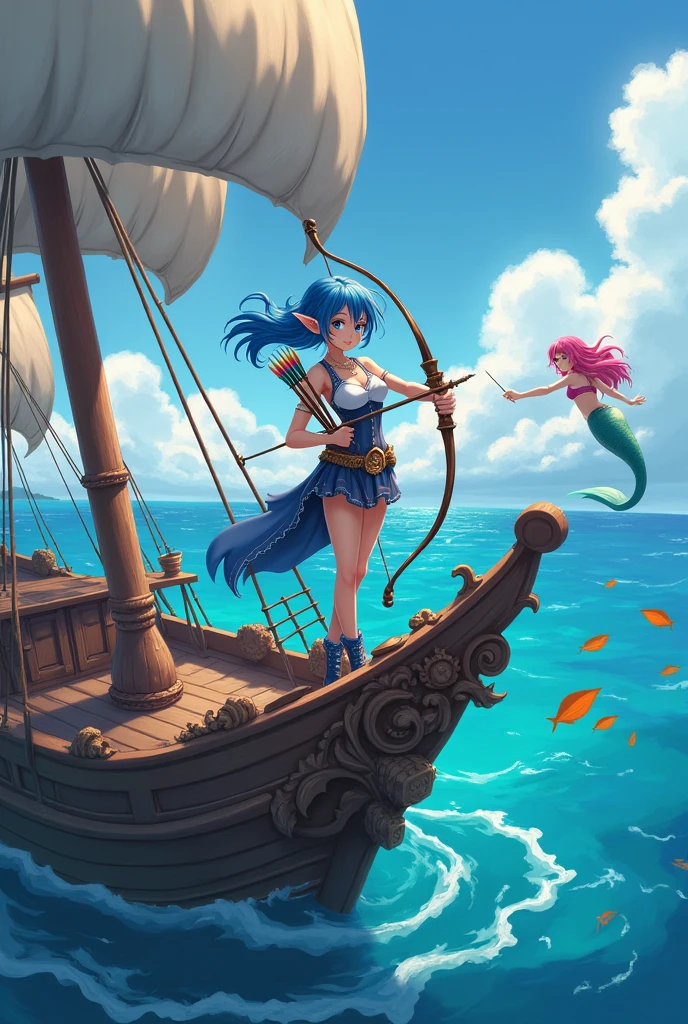 Create an anime style elf with shoulder length hair in blue, blue eye, with a bow and arrow on his back. Have her stand on the bow of a pirate ship and wave to a pink-haired mermaid who is pointing the way to a treasure at sea.