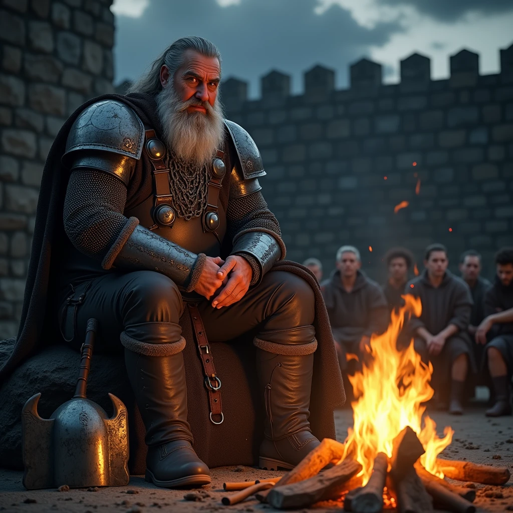 crée une image, haute qualité HD 8K, un homme mature 65 ans nette, Sean Connery, très grand, fort, physique imposant, visage bourrus par le temps, une chevelure longue ébouriffé, longue barbe blanche grisonnante tombant jusqu'à son ceinturon, légèrement attaché, les yeux noir, au regard calme, apaiser, avec léger sourire, assis sur un rocher, habillé d'un pantalon noir en cuir très épais, porte des bottes haute en cuir noir épais et d'une chemise rouge, par dessus la chemise une cote de mail argent, des larges épaulières et une armure d'avant bras ornementé et abimée par le temps et les combats, par dessus le pantalon se trouve des jambières et cusiarde d'armure. Contemplant un grand feu de camps de bois crépitant dont les flames imposante , illumine son amure dans une vibrante lumière chaude, apaisante, teinté de jaune, d'orange. Posé a coté du rocher son casque de guerrier, sa grande hache avec un manche en bois ornementé a double lame tranchante décoré, gravé, brille au reflet du feu de camps. Autour du feu ce trouve des jeunes guerrier assis ou debout écoutant notre homme bourrus raconter ses exploit guerrier. ils sont dans un décor d'une cours château entouré de grande muraille sombre en pierre. le ciel est très noir sans aucune étoiles, des nuage épars, seule le grand feu de camps illuminant l'environnement, L'ensemble de la scène capture un moment de puissance, de détermination et d'aventure épique.