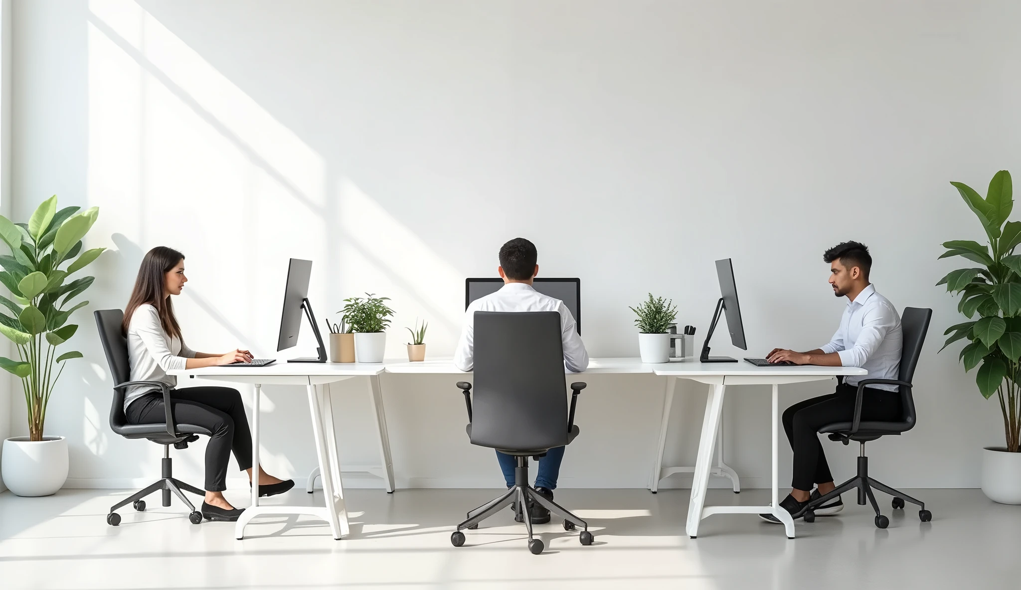 High-quality photograph of a минималистичный офис с тремя работниками. detailed faces. Individual workstations.