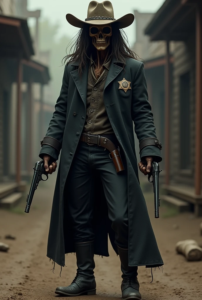 He is 1.80 meters tall, with long, greasy hair and a deteriorated cowboy hat on his head. His face appears to be a mix between human and undead, with a lifeless tone and a portion of his face missing. His eyes are black and empty. He wears a black trench coat with a sheriff's badge, dark pants, and boots, and carries a revolver in each hand. He is known as the Death of the Old West, exuding a heavy and dark energy that terrifies everyone he encounters.