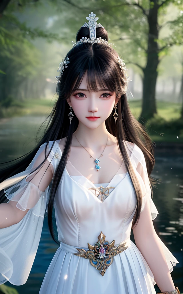 best quality,masterpiece,highres,cg,
1girl,weapon,sword,long hair,dress,water,solo,jewelry,white dress,earrings,hair ornament,splashing,upper body,hair bun,black hair,
lighting,candid,Photograph,high resolution,4k,8k,Bokeh,
