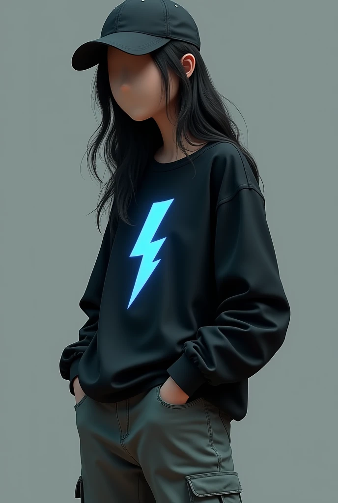 I want to make a game character. A girl with wavy long hair wearing a cap which is hiding her face. She is wearing a black oversized shirt and grey cargo pants. A lightning symbol in blue colour is there the black shirt of hers. This is a mysterious character and she is playing the role of mastermind in my game. The cap is hiding her face. She has a big oval shaped face. Left side posing. She has long hair.