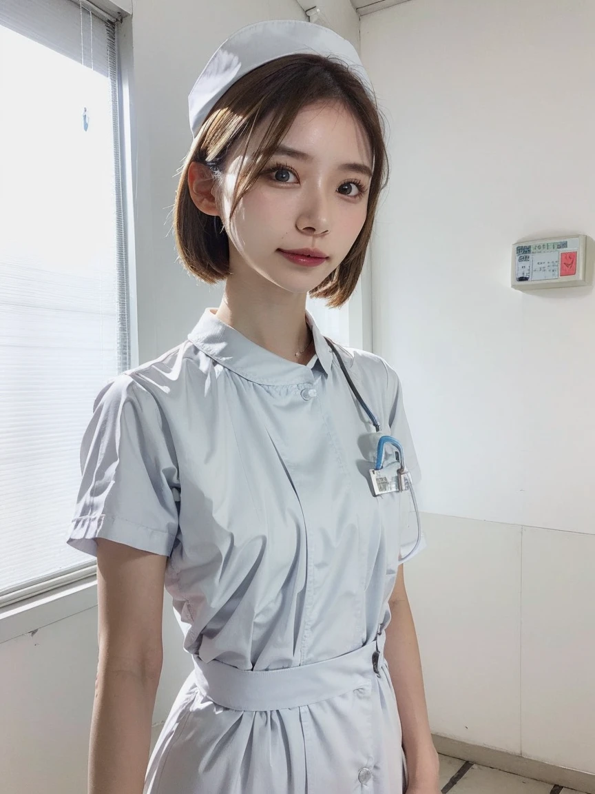 woman, alone, (Wearing white nurse clothes:1.2), Bobcut, nurse, Perfect Anatomy, nurse uniform, (Nurse cap), (White costume), Long skirt, hospital, Face close-up,,