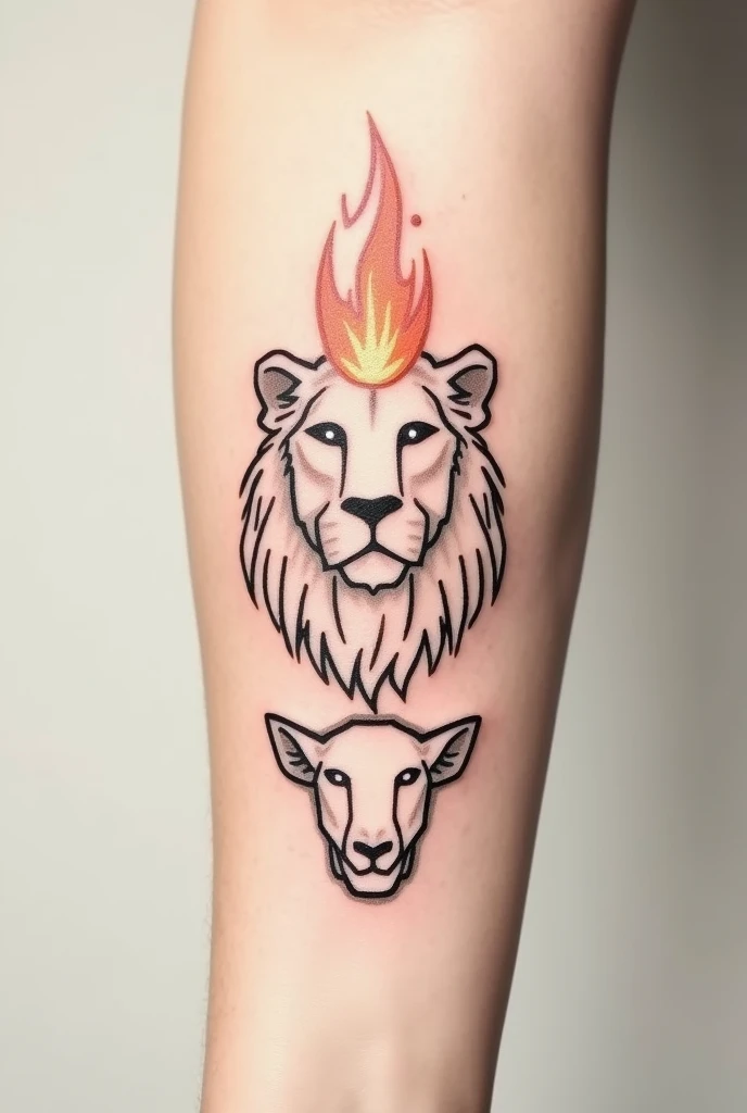 Minimalist tattoo of a lion's face looking to the left. A lamb's face below looking to the right and a large flame between them.