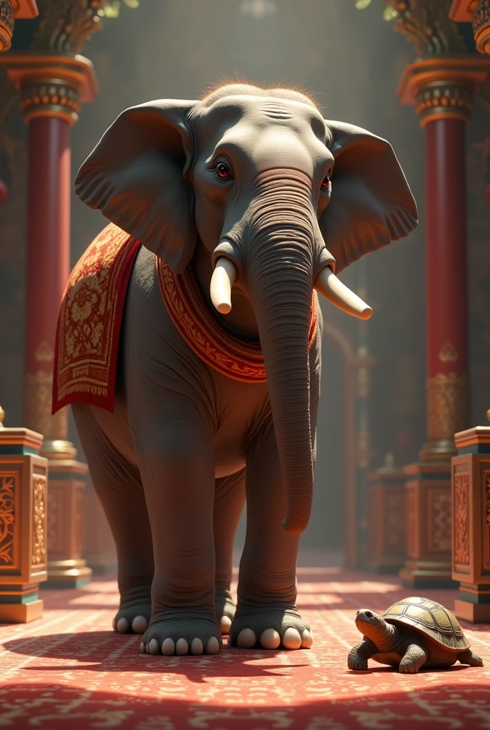 help me generate the image of tortoise on handing over elephant to the king with rope on elephant's neck, ising YouTube standard without crown on the elephants back