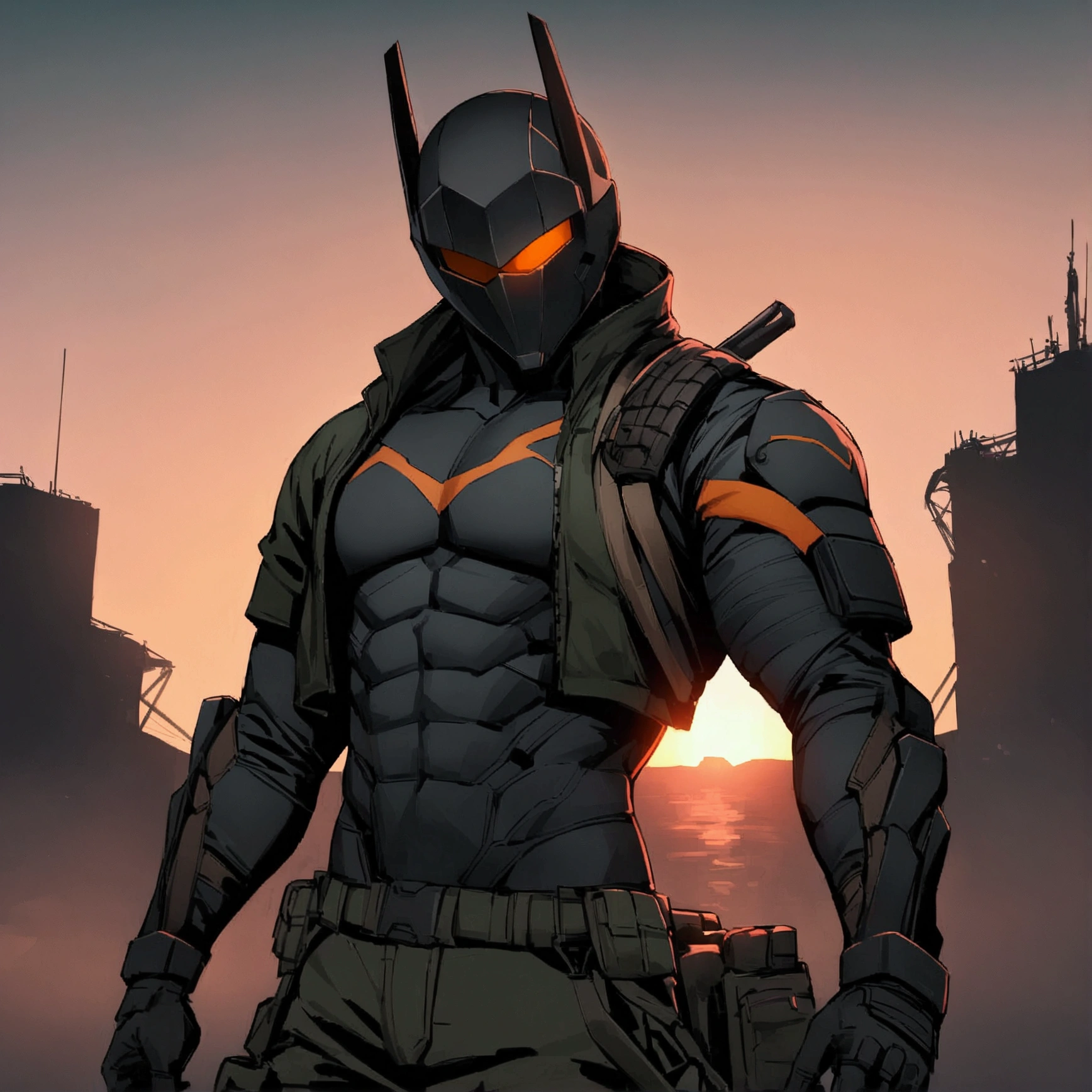 high detailed, Male, full-face helmet. matte black helmet with a smooth, curved surface, DC_Deathstroke_helmet, Jason tood's helmet, Black and grey bodysuit, tight shirt, Open Cropped Jacket, Dark green jacket. webbing rig, Dark green cargo pants. Sunset background