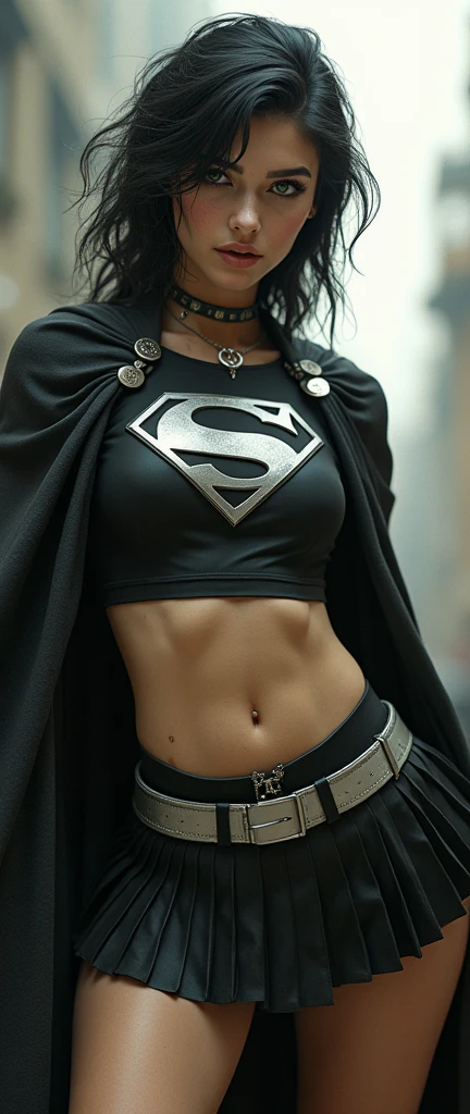 A FULL BODY VIEW OF A SEXY BUSTY TEEN FEMALE WITH DREAMY GREEN EYES AND MEDIUM MESSY BLACK HAIR WEARING A SLEEK BLACK SPANDEX LONG-SLEEVED SUPERGIRL CROP=TOP WITH A METALIC SILVER "S" EMBLEM ON THE CHEST, A SHORT BLACK PLEATED SKIRT WITH A SILVER LEATHER BELT, BLACK HIGH HEELED SUPERGIRL BOOTS, AND A LONG 2 TONE BLACK AND RED SUPERGIRL CAPE WITH SILVER TRIM. NOSE PIERCING, BELLY PIERCING, BLACK LIPSTICK, BLACK FINGERNAILS, INCREDIBLY DETAILED PALE WHITE SKIN, INCREDIBLEY DETAILED FACE, INCREDIDBLEY DETAILED CLOTHING, TEXTURED SKIN PORES, TEXTURED HAIR, 8K ABSURD RESOLUTION, MASTERPIECE. PHOTO REALSITIC, HYPER REALISTIC. CHAOTIC BACKGROUND. 16K RESOLUTION. PREFESSIONAL GRADE IMAGE.