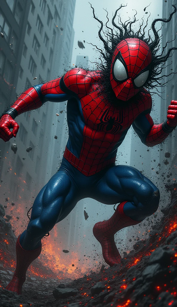 Spider-Man fights with every fiber of his being, trying to maintain control as the creature feeds his darkest doubts and fears., Retro comic style artwork, perfect composition,hyperrealistic,super detailed,high quality,sharp focus,studio photo,intricate details,highly detailed