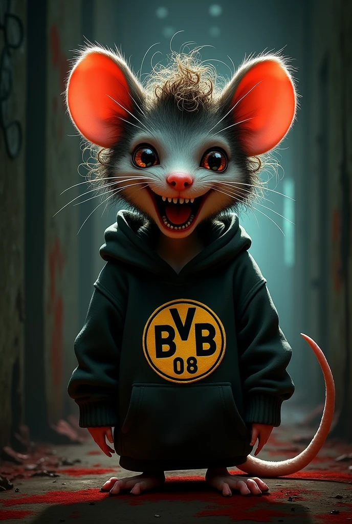 Disney Pixar horror title cover "ratalito* appearance a mutant mouse with curly hair and protruding teeth clothing a borussia dortmund sweatshirt