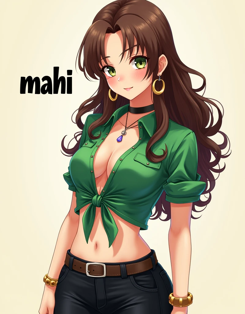 Create a anime style landscape image. Digital illustration featuring a young woman with long, wavy brown hair cascading over her shoulders. girl behind text ""MAHI"". She has a fair skin tone and is depicted with a confident expression, her lips slightly parted. She is wearing a green, button-up shirt tied at the waist, revealing her midriff, and black pants with her hands in the pockets. She accessorizes with large hoop earrings, a choker necklace, a pendant necklace, and a bracelet on her left wrist. The background is a soft, neutral tone, which highlights the subject's detailed and realistic features.