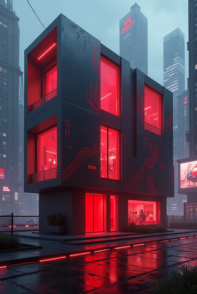 Cyberpunk 3 bedroom house with red door and windows.

