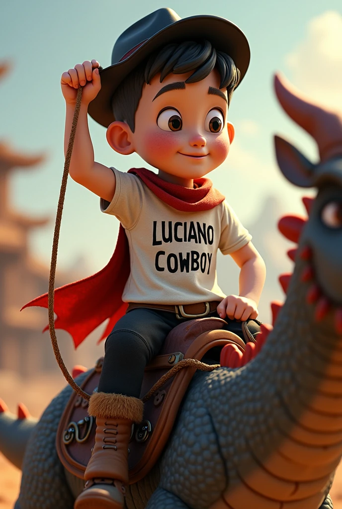 I'm a white boy, stark, with freckles on his face, wearing black pants, a white t-shirt with the words Luciano cowboy written on it , a little brown boot, a black cap, with very short hair, almost shaved, mounted on a dragon stopping, with one hand raised holding a rope