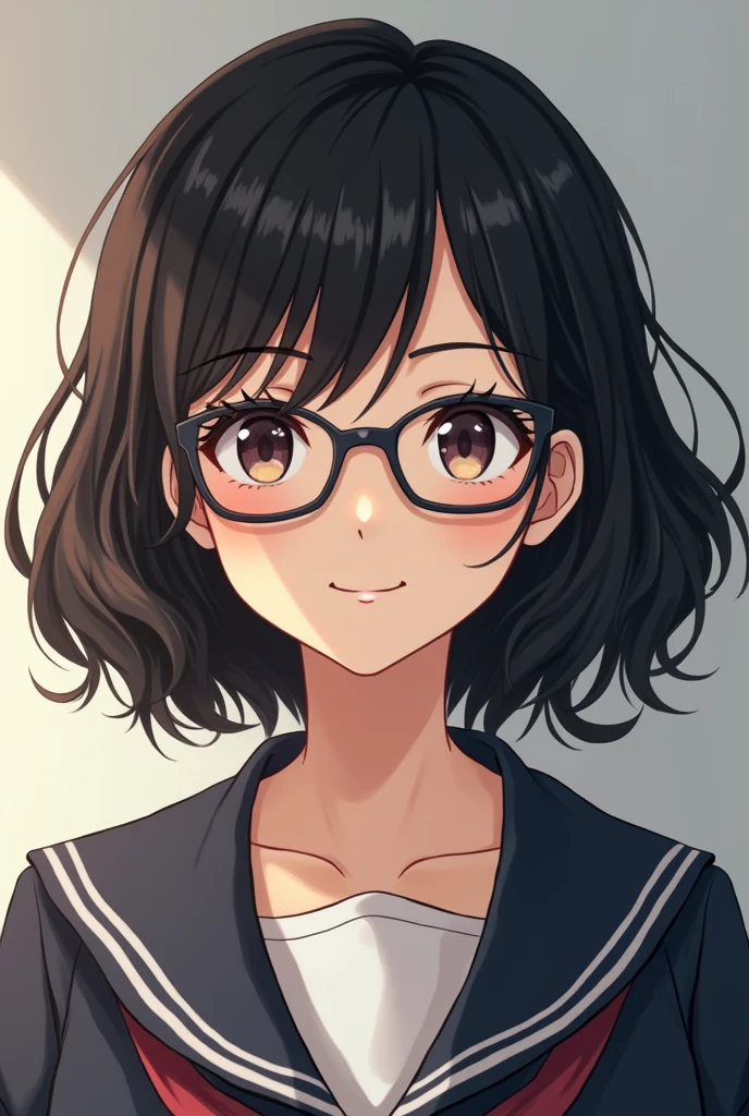 something realistic: a light skinned girl, round eyes, eyebrows and eyelashes that highlight your face in a good way, small nose, low forehead, chubby cheeks, somewhat voluptuous body and hourglass shape. with school uniform, semi wavy black hair, with a cut of Wolft cut. That she looks like a real girl and a more youthful and more serious appearance that uses glasses that mark her face symmetrically, while she smiles, but it doesn't look like a "anime"