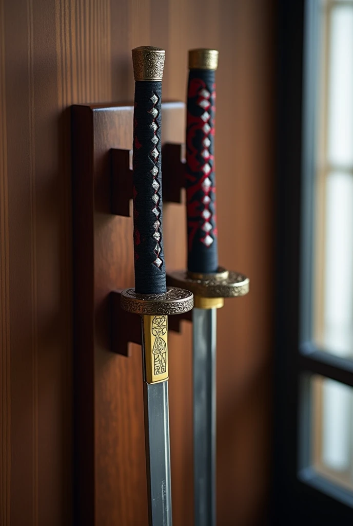 ((best quality)), ((masterpiece)), (detailed), A katana wall holder from the front which is made of wood which lifts 2 katana without a case, one katana is red black the other gold black the holder has tow arms for one kartana the kartana have a shiny silver blade the cartana lay on the arms