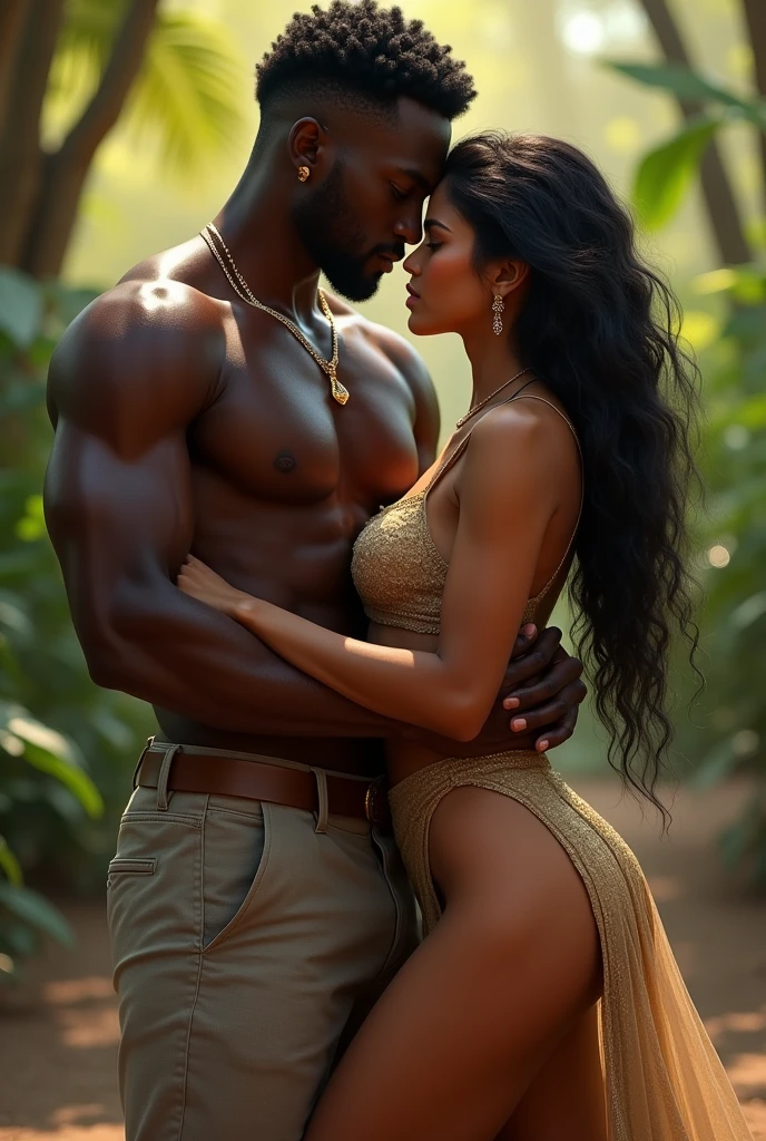 Hot Indian woman, sexy high slit dress, holded by tall, muscular african man, outdoor