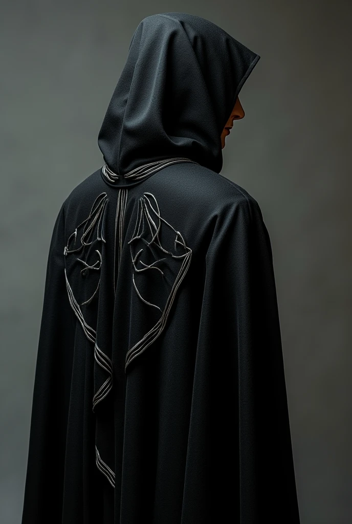 Paradox Theme Black Cape,There are unlimited slots on the cape,The cape has a Mobius strip on the edge,Spiral,Silvery white lines,Special coated cloth,There is a Penrose triangle on the back,Mirrored on one side,Paradox effect,Fantasy,gorgeous