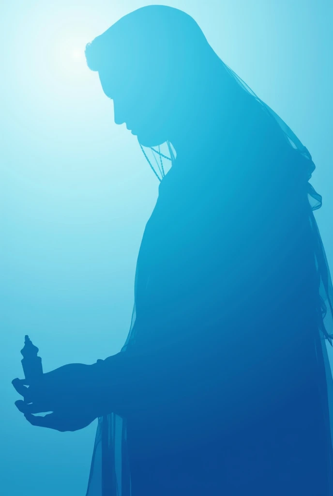 He designed a shirt in a gradient of blues from the lightest to the darkest with the silhouette of the Virgin of Coromoto on the edges on the left side, small.