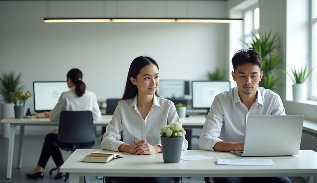 High-quality photograph of a minimalist office with three Caucasian employees. detailed faces. Individual workstations.