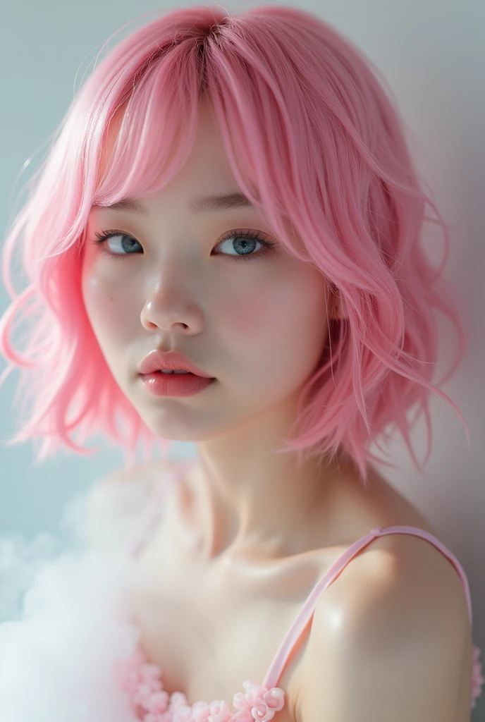 (1 girl),(Best Picture Quality, 8K, Masterpiece:1.3), (high school student:1.5), ((pink lob hair:1.1)), (bob cut),(swept bangs), (cute eyes, pupil black, iris skyblue, youthful face), (mole under right eye), (standard weight), (small breasts), (glistening skin:1.1),(pale skin:1.2),((showing armpits)),((Minimalist fashion)),(portrait),(blush),((steam:1.3)),(Macro armpits).