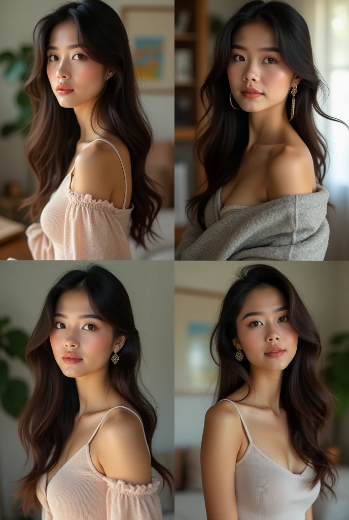 You could create the same woman. same face. different poses. different clothes. make it realistic? that he is at home posing, but let them be 4 photos, Could you create another one just like that?? but with different clothes and a different pose
