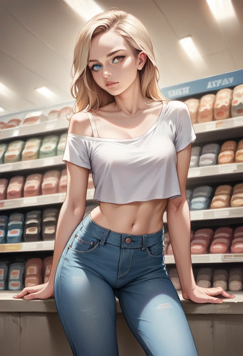 Teenage girl selling clothes in a store, The girl is wearing a crop top and baggy jeans, Best Quality, masterpiece, ultra high resolution, (photorealistic: 1.4), raw photo, 1 girl, off the shoulder, cinematic lighting, kissing poses, heterochromia