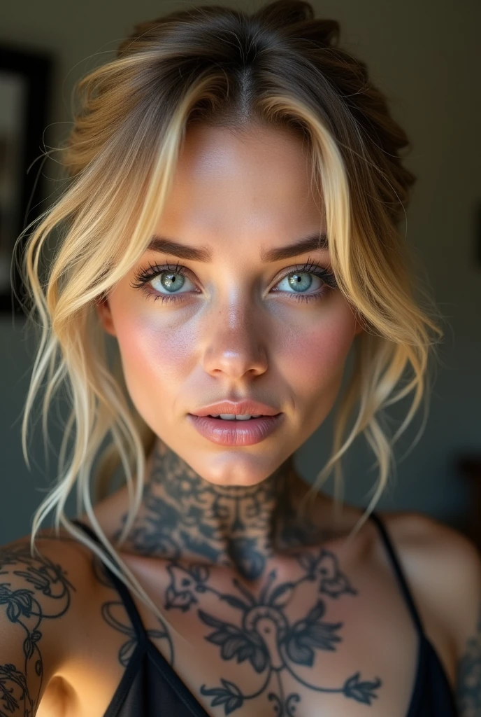 selfie, clin d&#39;œil, jolie femme au visage de bébé, expression attrayante et séduisante, Timide, Cheveux blonds raides, front, se maquiller, yeux bleus, proportion corporelle superlative, couvert de tatouages, portant une chemise en tricot ample, pantalon en cuir moulant, Bottes d&#39;ingénieur, Artistique, Hyper, art numérique graphique CG TATOUE