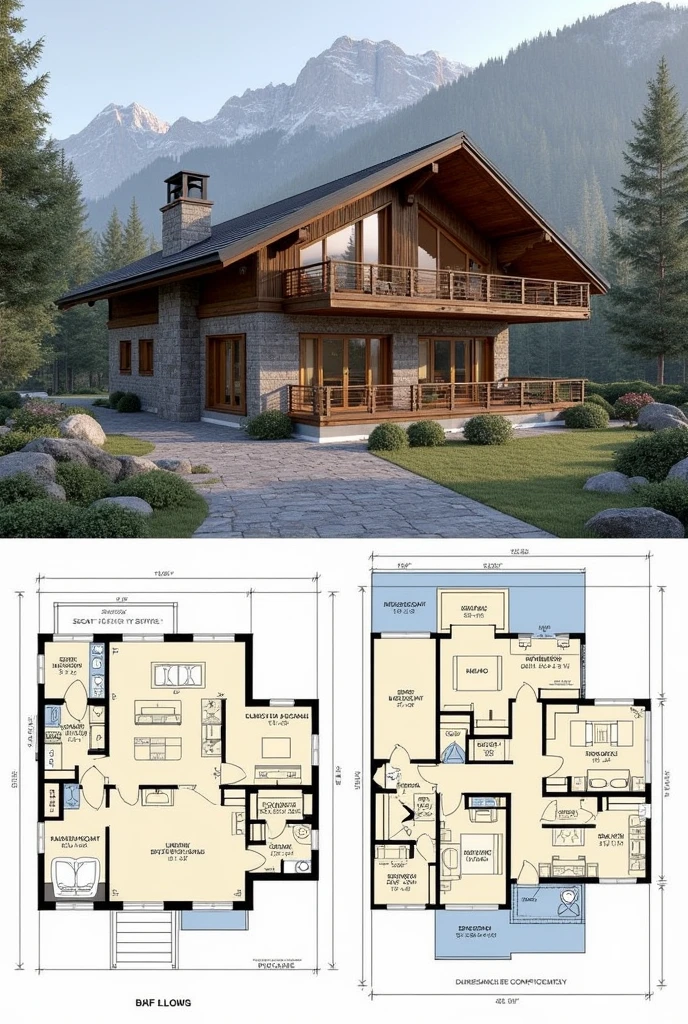 Act as an architect designer and give me the 2D architectural plans, floor plan and profile and architectural details of a 120 square meter alpine-style cabin with three rooms of 9 square meters each, the main room with 15 square meters, a kitchen of 15 square meters, three bathrooms each of 4 square meters and the rest of the area divided into a living room, dining room, study, and balconies.