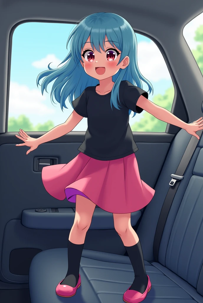Girl with long blue hair, black t-shirt, pink skirt, black knee socks and pink Ballett flats in a car pumping the Pendel belly-free 
