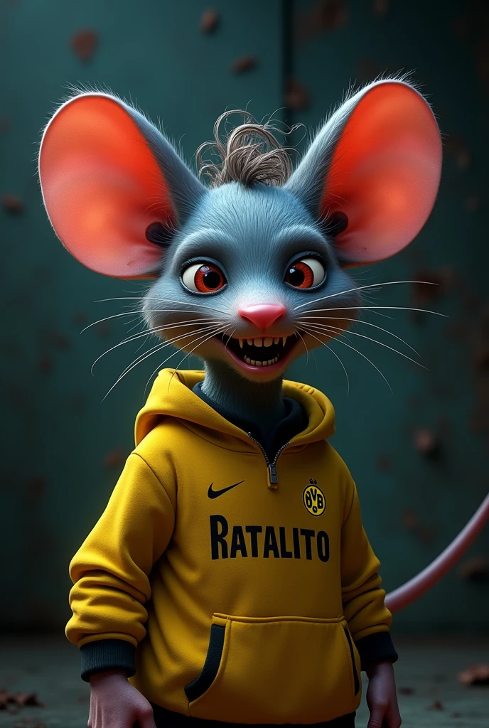 Disney Pixar horror title cover "ratalito* appearance a mutant mouse with curly hair and protruding teeth clothing a borussia dortmund sweatshirt