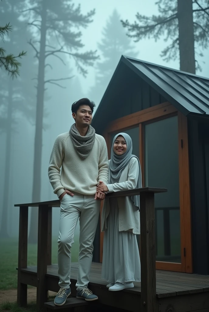 Couple. A Asian woman wearing long hijab, A. A Asian Man with stylish hair, wearing a white sweater and pants, stands on the deck of a small, modern cabin with a dark, minimalist design, metal roof, and wooden walls. She has a scarf around his neck and leans casually against the railing, gazing warmly into the camera. The cabin is surrounded by tall trees in a dense, misty forest, with trunks and branches barely visible through the thick fog. The atmosphere is serene, mysterious, slightly eerie, evoking solitude and a deep connection with nature.closed up.