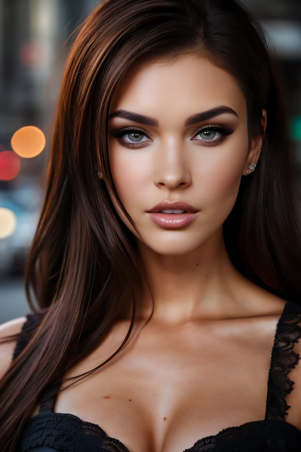 Picture, best quality, woman in the city, photo of beautiful MFdark brown hair, make up, looking at viewer, perfect face, perfect eyes, sharp focus, Intricate, High Detail, dramatic, photorealistic,