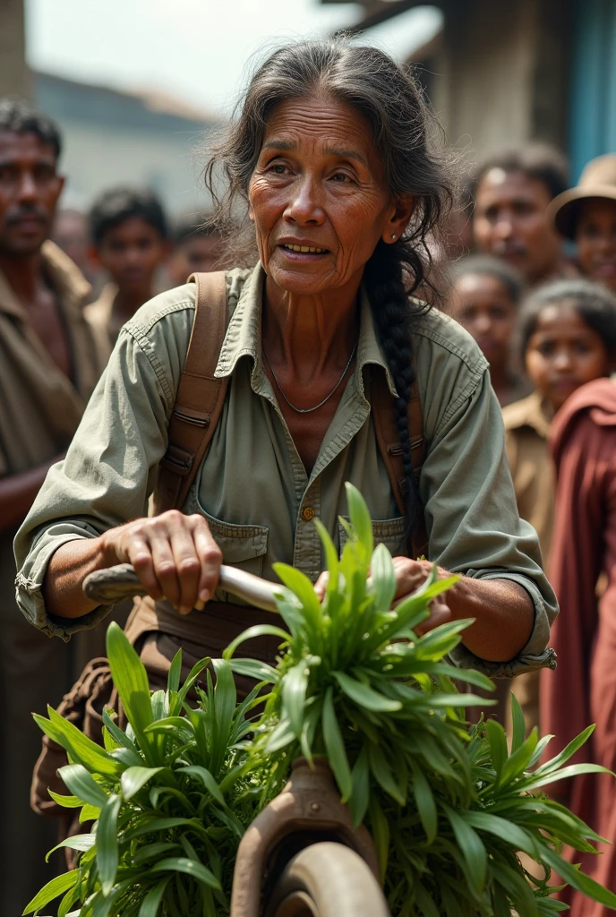 A poor mother made a bicycle out of onion leaves and people were watching.