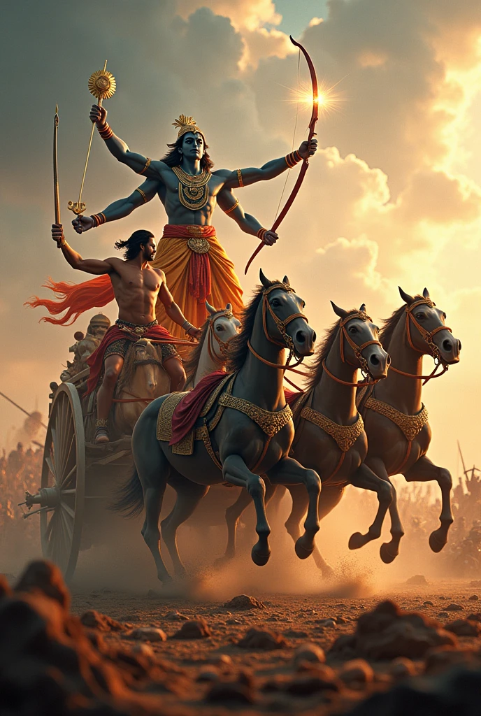 Lord Krishna is driving the 7 horses big chariot and Arjun is standing on the chariot and shooting the bow and Krishna has Sudarshan Chakra in his finger. In very dangerous war field. Lord Krishna shows wide gesture with millions of faces and hands