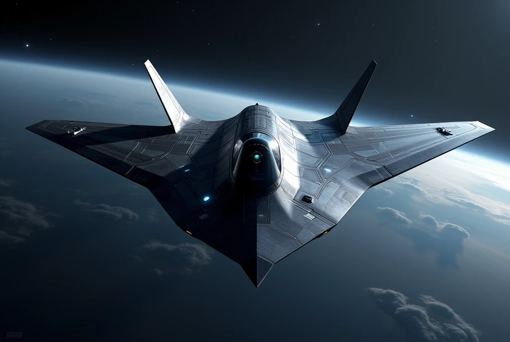 Hyper-advanced 7th generation space-capable stealth fighter, perfectly symmetrical tailless design. Extremely low-observable flying wing shape with smooth, faceted surfaces and no visible joints or seams. No vertical stabilizers. Completely unmanned, no cockpit visible. Ultra-black light-absorbing coating with subtle hexagonal pattern. Retractable weapon bays seamlessly integrated into the airframe. Quantum AI core hidden within the fuselage. Swarm of small stealthy drones deployed in symmetrical formation around the aircraft. Advanced space propulsion system with faint blue glow at rear edges. Self-repairing smart skin with uniform texture. Holographic displays projected internally. Flying in outer space with Earth visible in far background, surrounded by stars and distant galaxies. Photorealistic, highly detailed, dramatic lighting emphasizing stealth contours, 8K resolution, front three-quarter view showing perfect bilateral symmetry and sleek profile.