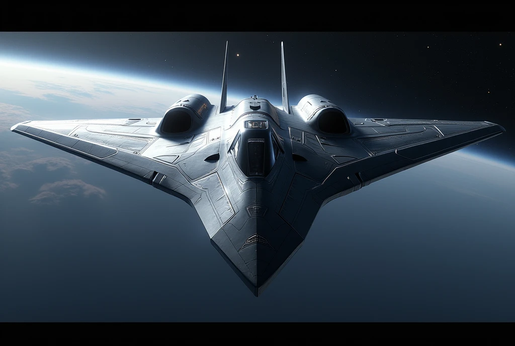 Hyper-advanced 7th generation space-capable stealth fighter, perfectly symmetrical tailless design. Extremely low-observable flying wing shape with smooth, faceted surfaces and no visible joints or seams. No vertical stabilizers. Completely unmanned, no cockpit visible. Ultra-black light-absorbing coating with subtle hexagonal pattern. Retractable weapon bays seamlessly integrated into the airframe. Quantum AI core hidden within the fuselage. Swarm of small stealthy drones deployed in symmetrical formation around the aircraft. Advanced space propulsion system with faint blue glow at rear edges. Self-repairing smart skin with uniform texture. Holographic displays projected internally. Flying in outer space with Earth visible in far background, surrounded by stars and distant galaxies. Photorealistic, highly detailed, dramatic lighting emphasizing stealth contours, 8K resolution, front three-quarter view showing perfect bilateral symmetry and sleek profile.