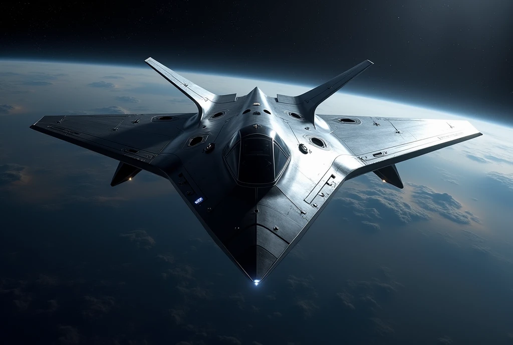 Hyper-advanced 7th generation space-capable stealth fighter, perfectly symmetrical tailless design. Extremely low-observable flying wing shape with smooth, faceted surfaces and no visible joints or seams. No vertical stabilizers. Completely unmanned, no cockpit visible. Ultra-black light-absorbing coating with subtle hexagonal pattern. Retractable weapon bays seamlessly integrated into the airframe. Quantum AI core hidden within the fuselage. Swarm of small stealthy drones deployed in symmetrical formation around the aircraft. Advanced space propulsion system with faint blue glow at rear edges. Self-repairing smart skin with uniform texture. Holographic displays projected internally. Flying in outer space with Earth visible in far background, surrounded by stars and distant galaxies. Photorealistic, highly detailed, dramatic lighting emphasizing stealth contours, 8K resolution, front three-quarter view showing perfect bilateral symmetry and sleek profile.