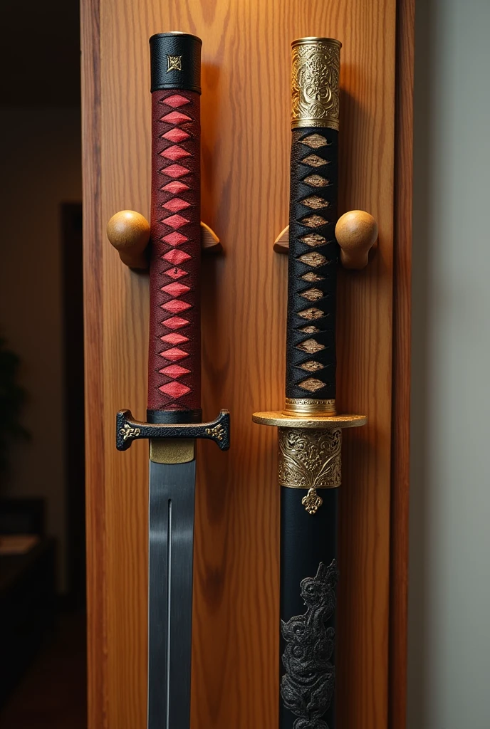((best quality)), ((masterpiece)), (detailed), A katana wall holder from the front which is made of wood which lifts 2 katana without a case, one katana is red black the other gold black the holder has tow arms for one kartana the kartana have a shiny silver blade the cartana lay on the arms