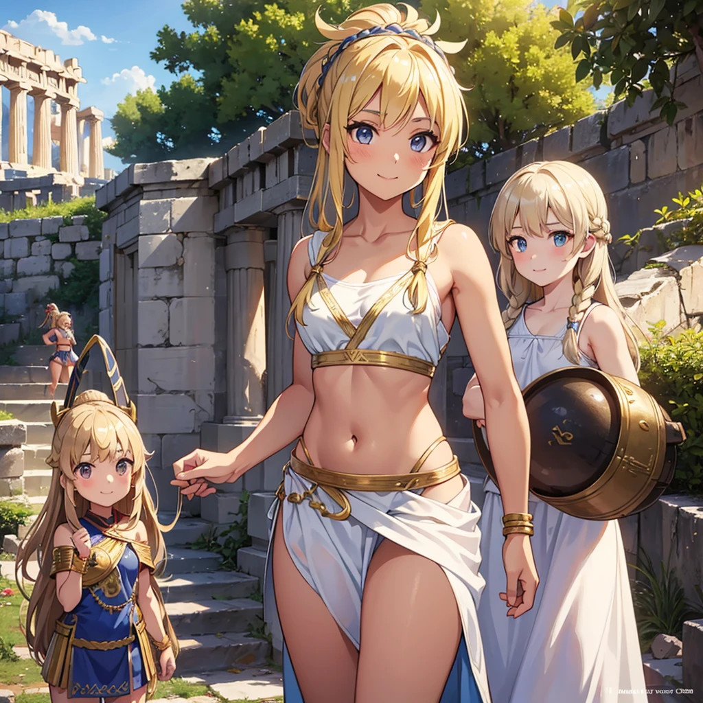 a beautiful Greek warriors  girls , Greek warrior, girls in togas ,tanned skin, cover , ancient Greece, classical Greece , warrior woman, blonde hair ,teen  , young girls, really young girls, young body, slim body, small chest