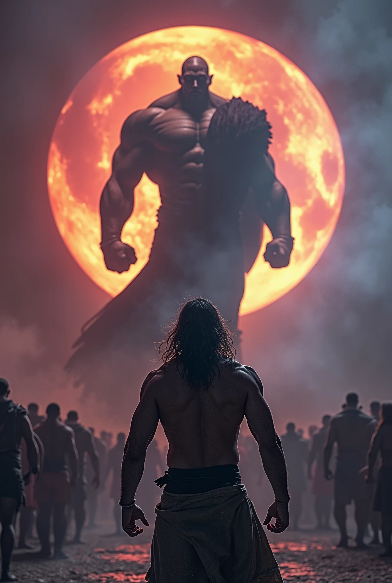 The arena falls silent as the mighty Ares steps forth, his muscular form casting an imposing shadow. His eyes burn with the intensity of a thousand battles as he scans the crowd, daring any challenger to face him. With a thunderous roar, he raises his fists, ready to unleash his fury upon any foolish enough to stand against him.